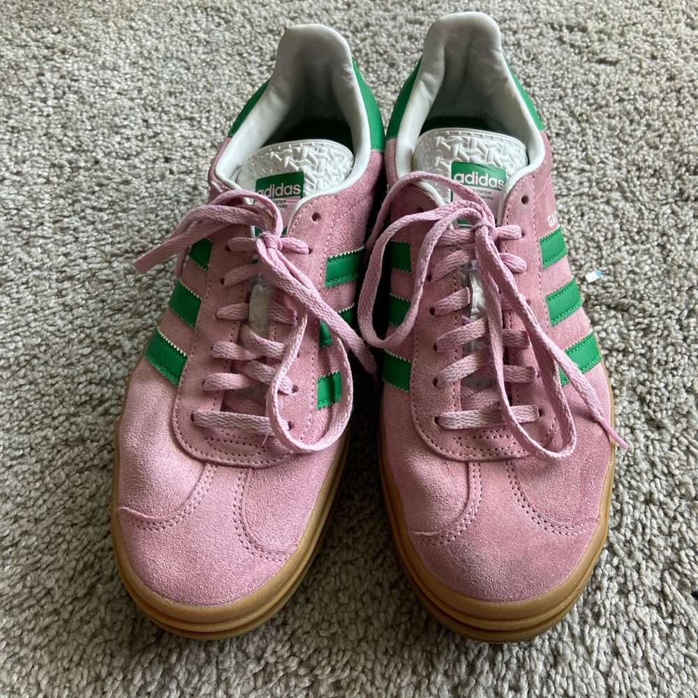 adidas Pink Suede Sneakers with Green Stripes